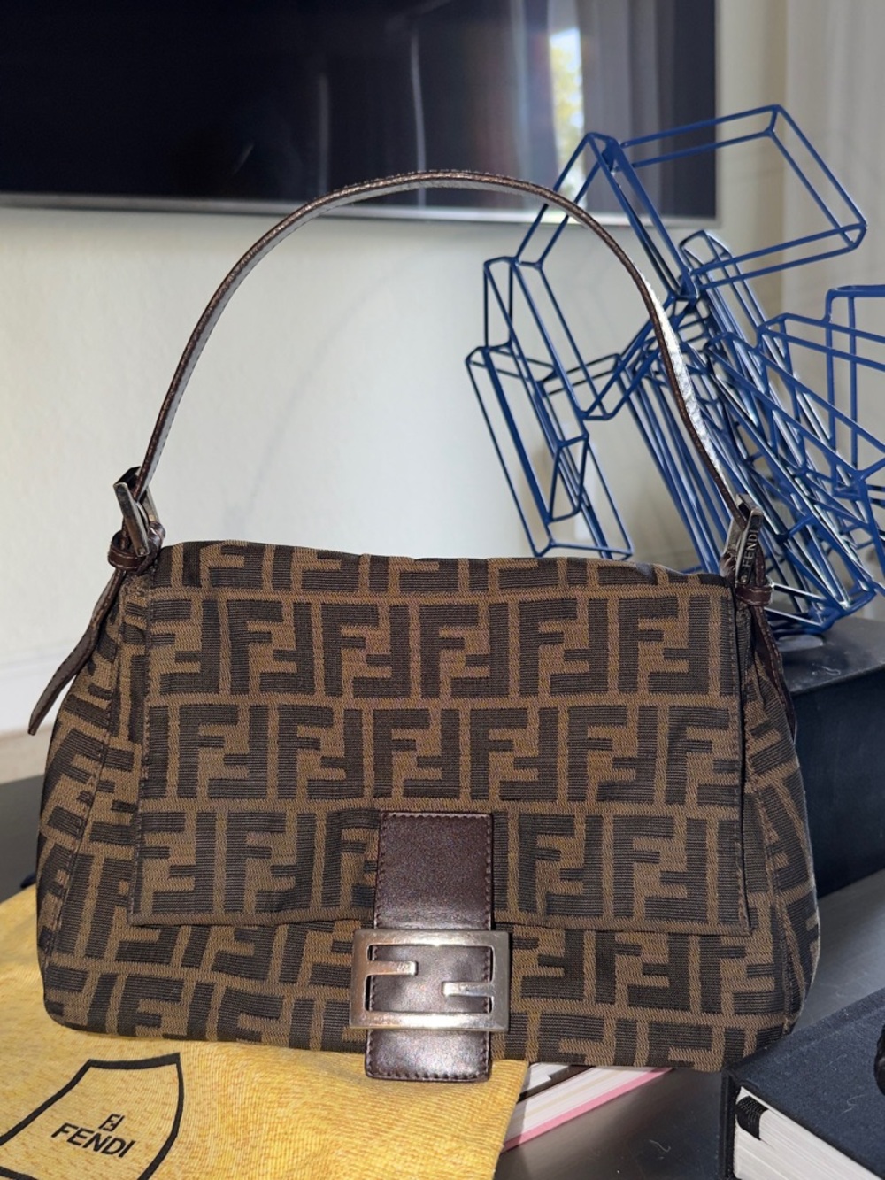 FENDI Vintage Zucca Baguette Shoulder Bag Brown Canvas Leather